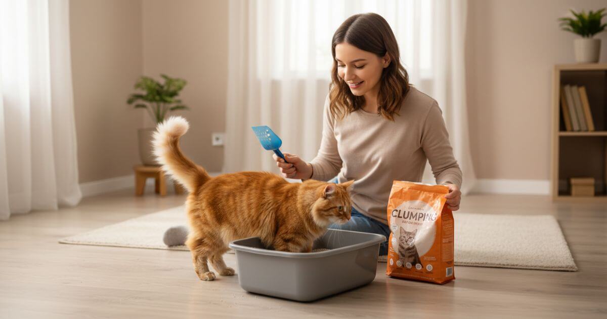 แมวกำลังใช้กระบะทรายในมุมห้องที่สะอาดและสงบ