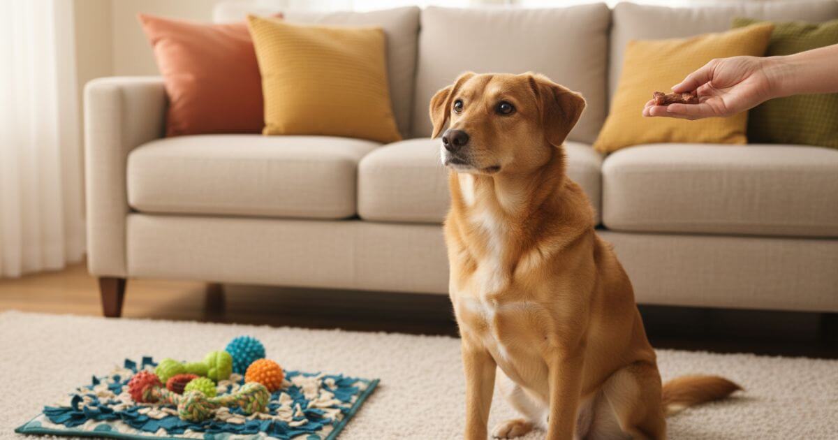 สุนัขนั่งสงบรับรางวัลระหว่างการฝึกในบ้าน