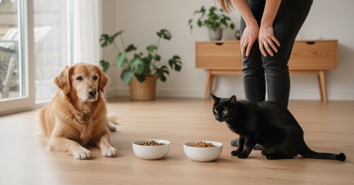 สุนัขและแมวไม่กินอาหาร เจ้าของกำลังกังวลข้างชามอาหาร
